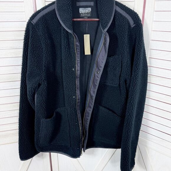 J. Crew Nordic Sherpa Fleece Shawl Collar Jacket Navy Blue Large Zip Snap - Picture 5 of 10